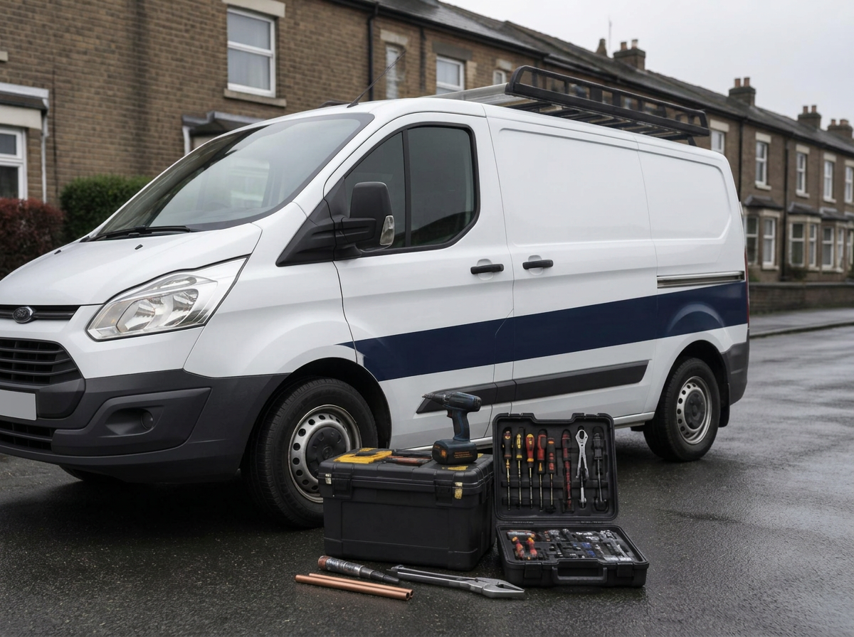 Thameside Plumbing & Heating van and engineer's tools on a Thames Valley street
